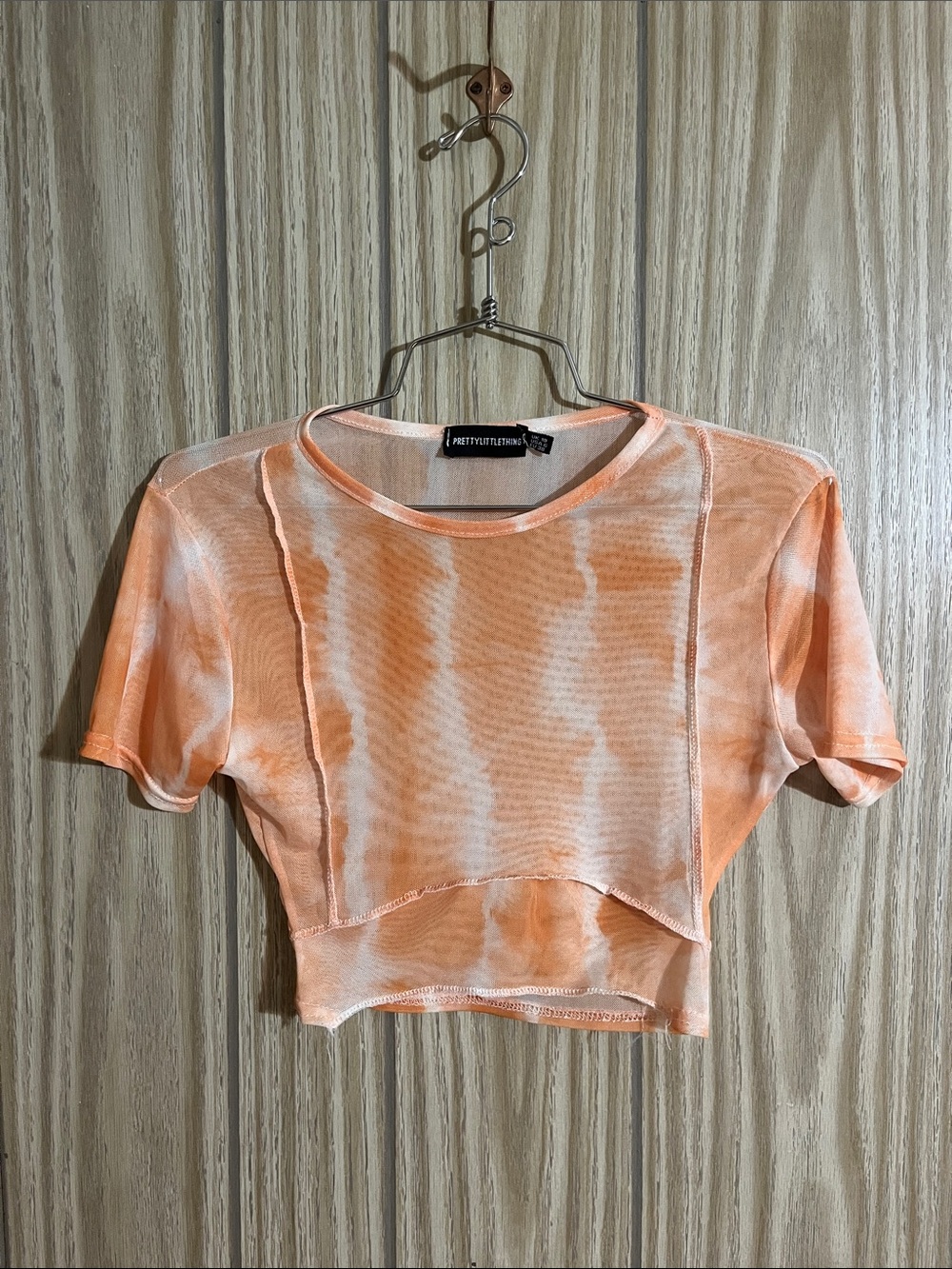 PrettyLittleThing Peach-Orange Tie-Dye Mesh Crop Tee